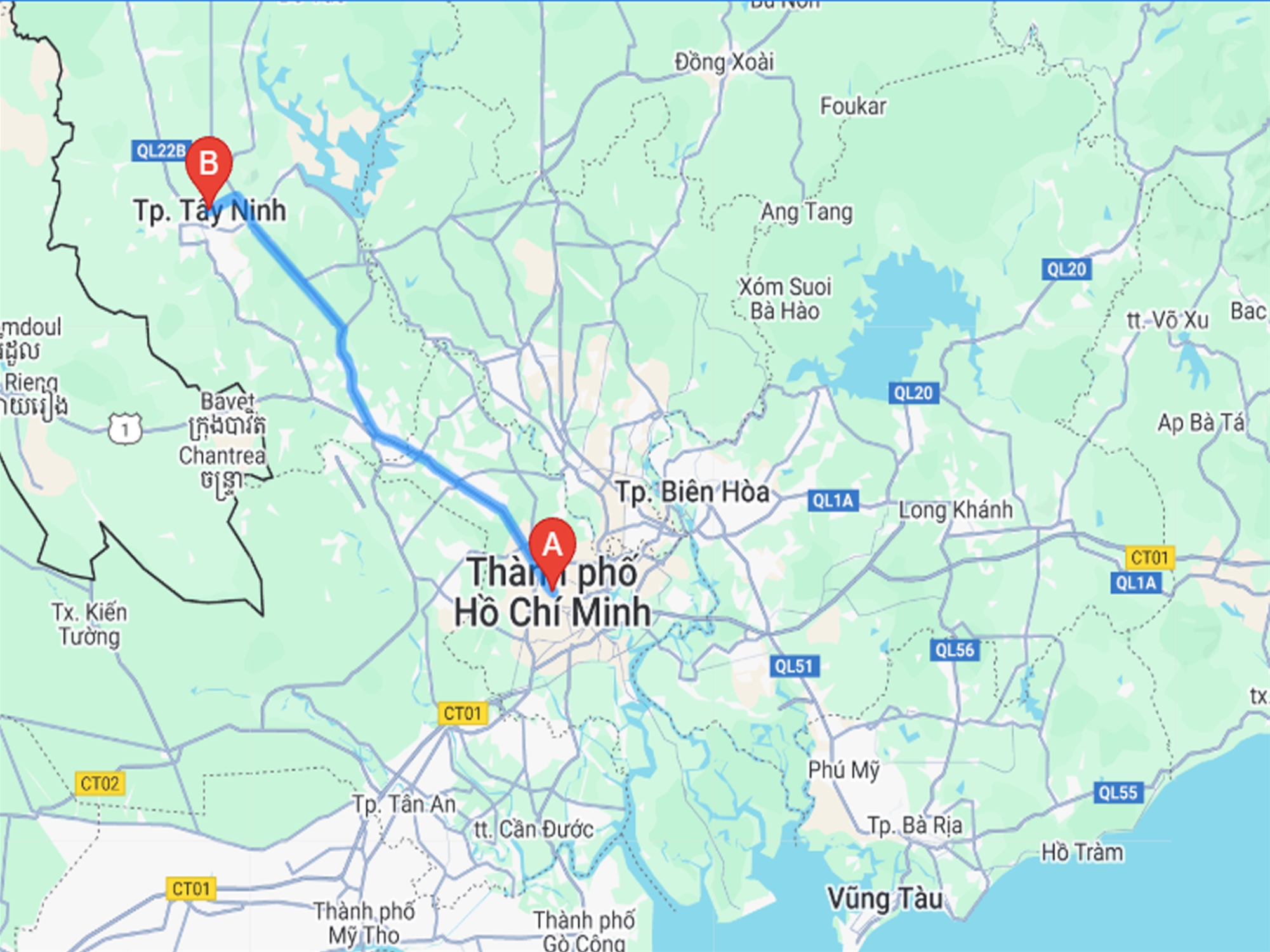 This is the shortest route from Ho Chi Minh City to Tay Ninh by car/taxi This is the shortest route from Ho Chi Minh City to Tay Ninh by car/taxi